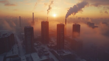 Industrial skyline at sunrise with smoke and fog in the city