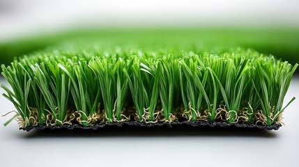 Close-up of artificial turf cross-section showing blades, backing, and fibers.