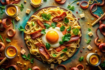 Whimsical noodles, bacon, and eggs dance in a fantastical culinary dream.