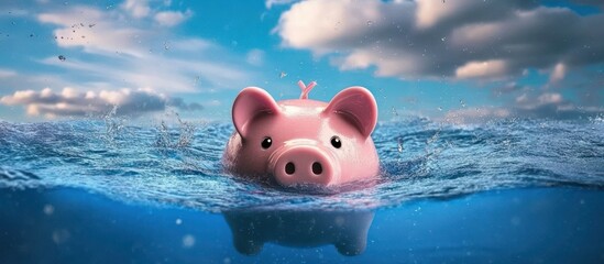 Financial Crisis: Piggy Bank at Risk of Drowning in Debt - 3D Rendering