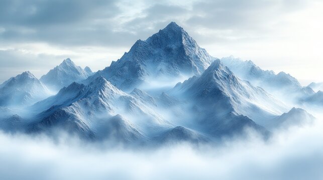 Majestic snow-capped mountain peaks rise above a sea of clouds.