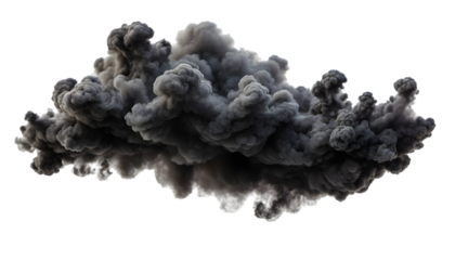 Realistic black smoke cut-out with swirling plumes and fine details, isolated on a transparent background. Perfect for fire, industrial, or cinematic themes.
