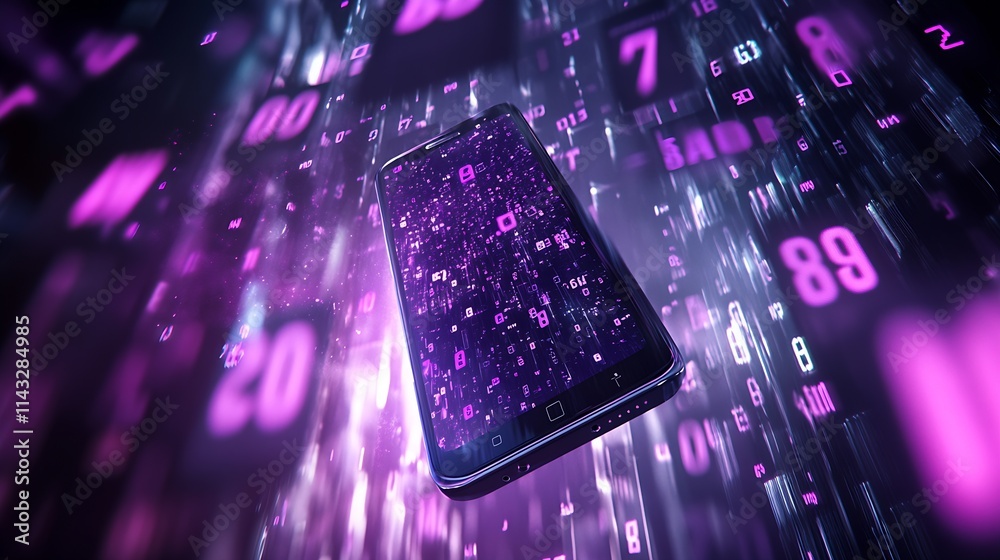 Poster smartphone in abstract purple digital environment illustrating modern communication and innovation :