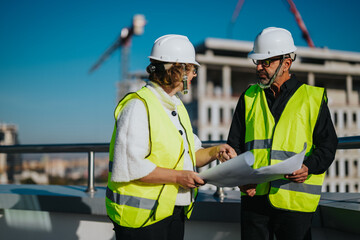 Two architects wearing safety gear review blueprints at a construction site. The image conveys...