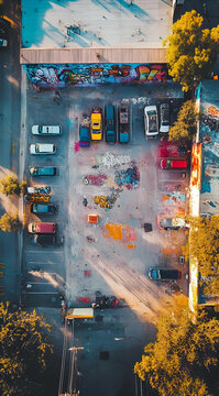 Aerial view of a colorful parking lot with graffiti and parked cars surrounded by trees.