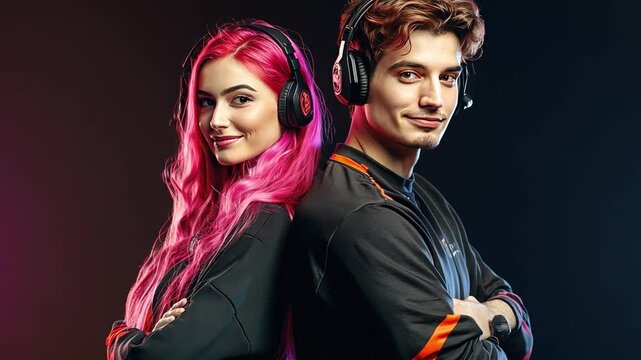 Gaming Duo:  A stylish young man and woman, vibrant pink-haired gamer girl and confident gamer guy, stand back-to-back, showcasing their shared passion for esports.