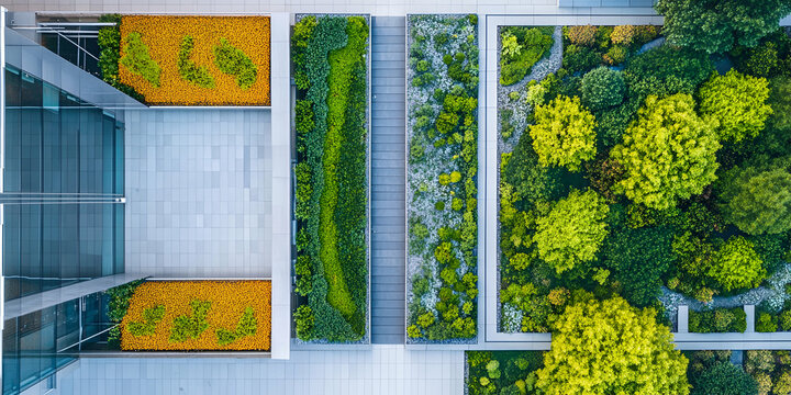 Aerial view of a modern green space with diverse plants and organized landscaping.