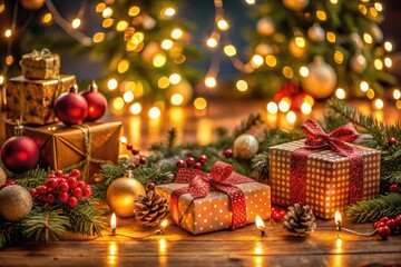 Wrapped presents and warm lighting illuminate a charming Christmas gathering, sharply detailed.