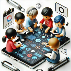 Macro Team Collaboration with Smart Pens on Digital Notebooks in High-Tech Workspace