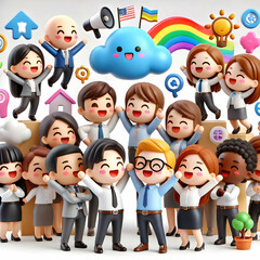 Obraz premium 3D Team Celebrating Diversity Inclusion Multicultural Symbols Empowerment Growth Joyful Interactions Workplace