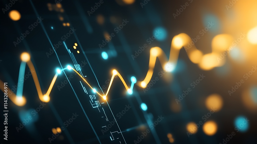 Poster bright yellow and blue stock market graph on digital interface : generative ai