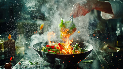 A high-energy photo of a professional chef skillfully tossing colorful vegetables in a flaming wok, set in a sleek modern restaurant kitchen, vibrant and dynamic.

