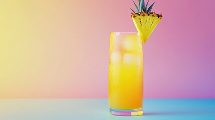 A refreshing tropical drink garnished with a pineapple slice against a colorful background.
