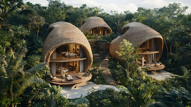 Three unique eco-friendly homes nestled in a lush, tropical forest.