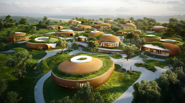 A modern eco-village featuring unique, rounded buildings integrated into a lush landscape.