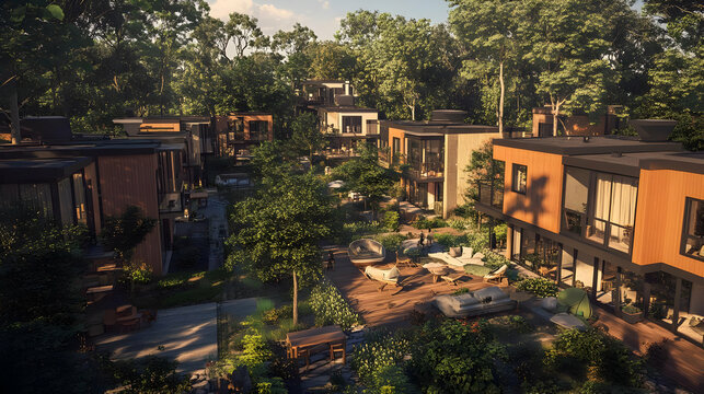 A modern residential community with greenery and outdoor seating areas.