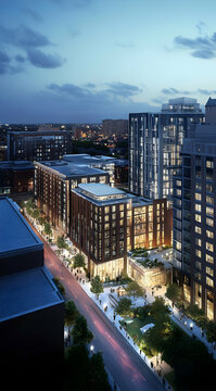 A modern urban landscape at dusk, showcasing buildings and illuminated streets.