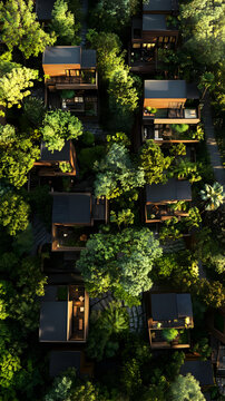Aerial view of modern houses nestled among lush greenery.