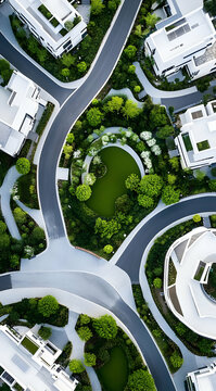 Aerial view of modern residential buildings and landscaped greenery with winding pathways.