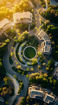 Aerial view of a circular green space surrounded by modern buildings and winding paths.