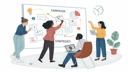 Fototapeta premium Promotion Team Optimizing Campaigns for Higher Conversions Brainstorming Ideas on Whiteboard with Ample Copy Space