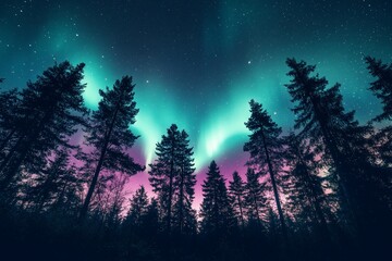 Fototapeta premium A stunning view of the aurora borealis above silhouetted trees.