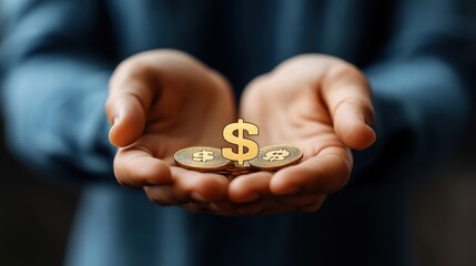 Hands Holding Gold Coins and Dollar Sign on Blue Background