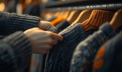 A person examining a cozy sweater in a clothing store.