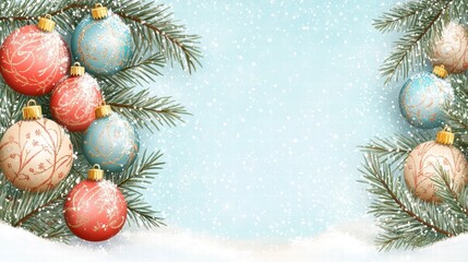 Festive Christmas Ornaments Surrounded by Snowy Pine Branches