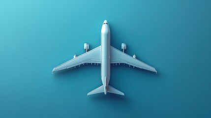 Overhead view of a light gray airplane model on a vibrant teal background.