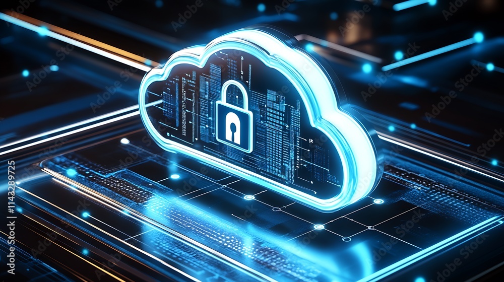 Poster Advanced Cloud Technology with Security Lock Symbol on Digital Circuit Board : Generative AI