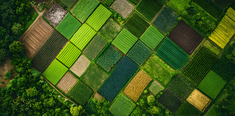 Aerial view of vibrant agricultural fields showcasing diverse crop patterns and colors.