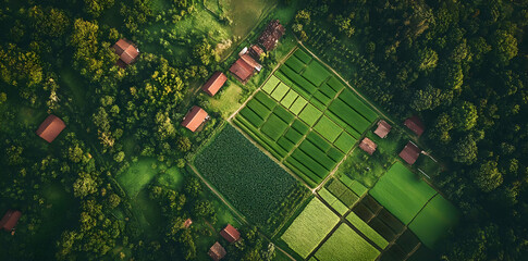 Aerial view of lush farmland with fields and houses surrounded by greenery.
