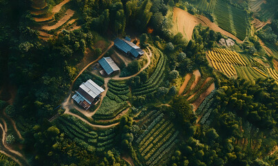 Aerial view of lush farmland with neatly arranged crops and buildings.