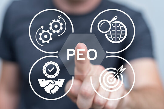 Person working on virtual touch screen presses abbreviation: PEO. Concept of PEO Professional Employer Organization. Business HR Human Resources.