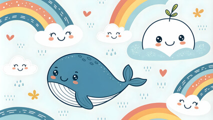 Naklejka premium digital wallpaper cartoon themes playful doodles round edges bright colors friendly characters instant cheer stable smiles easy glow happy whisper concept as Child chooses cartoon whale wallpaper scre