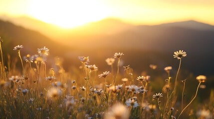 A close-up shot of wildflowers in the foreground, with the mountain range in the background bathed in warm golden light as the sun sets 