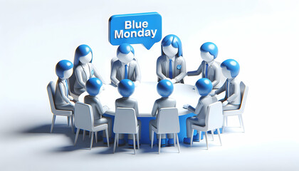 3D Blue Monday Support Group Concept Icon for Emotional Wellness, Individuals Sharing Feelings, Magazine Advertisement with Copy Space