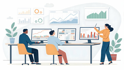 yield and growth and analysis concept as Analysts conducting yield and growth analysis examining data on computer screens in office ample copy space included. in  Photo Stock  Concept  and empty space
