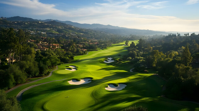 A scenic view of a lush golf course surrounded by hills and trees under a clear sky.