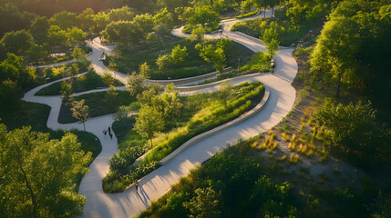 A winding pathway through a lush green park, inviting leisurely strolls and exploration.