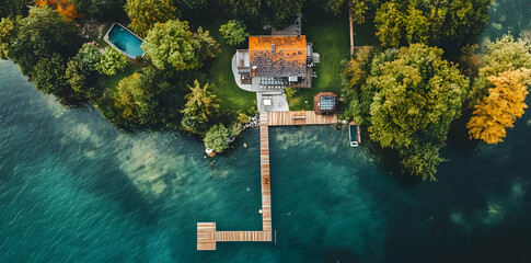 Aerial view of a lakeside house with a dock surrounded by trees and a pool.