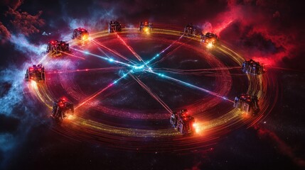 Futuristic robots orbiting a central point, emitting beams of light.