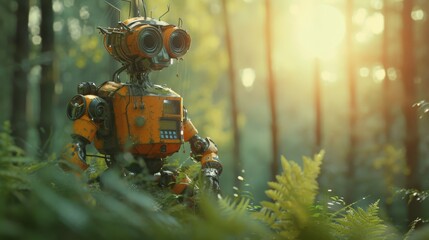 A vibrant orange robot with detailed mechanical features standing amidst lush green ferns and warm sunlight filtering through a dense forest. AI generated, blending technology with serene nature.