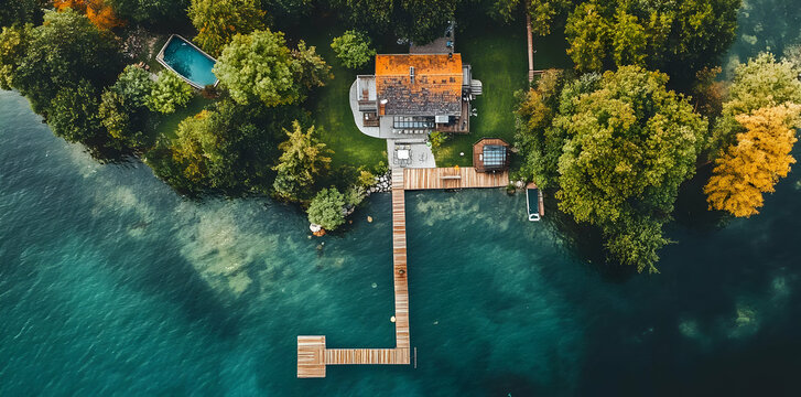 Aerial view of a lakeside house with a dock surrounded by trees and a pool.