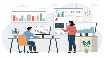 Analysts Conducting Yield Growth Analysis with Data on Computer Screens in Office with Ample Copy Space
