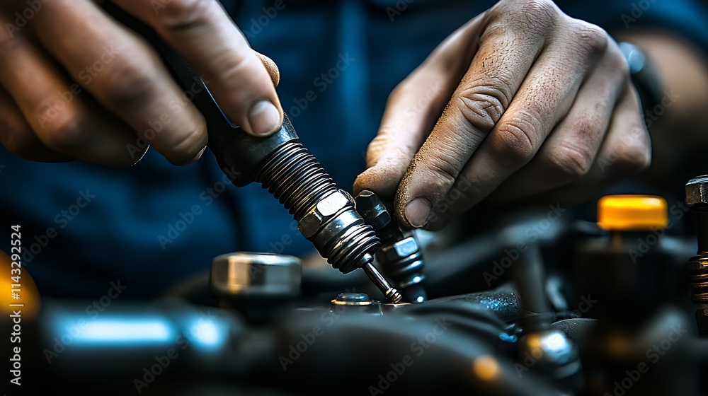 Aufkleber Hands Skillfully Operating Automotive Spark Plug in an Engine Repair Context : Generative AI