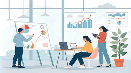 business growth and customers and analysis concept as Analysts conducting customer analysis to drive business growth examining data on laptops in office with ample copy space included. in  Photo Stock