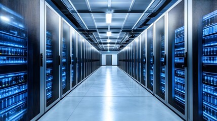 Modern data center server room interior with rows of powerful computer servers.