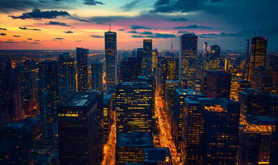 Obraz premium A vibrant city skyline at dusk, showcasing illuminated buildings and a colorful sunset.